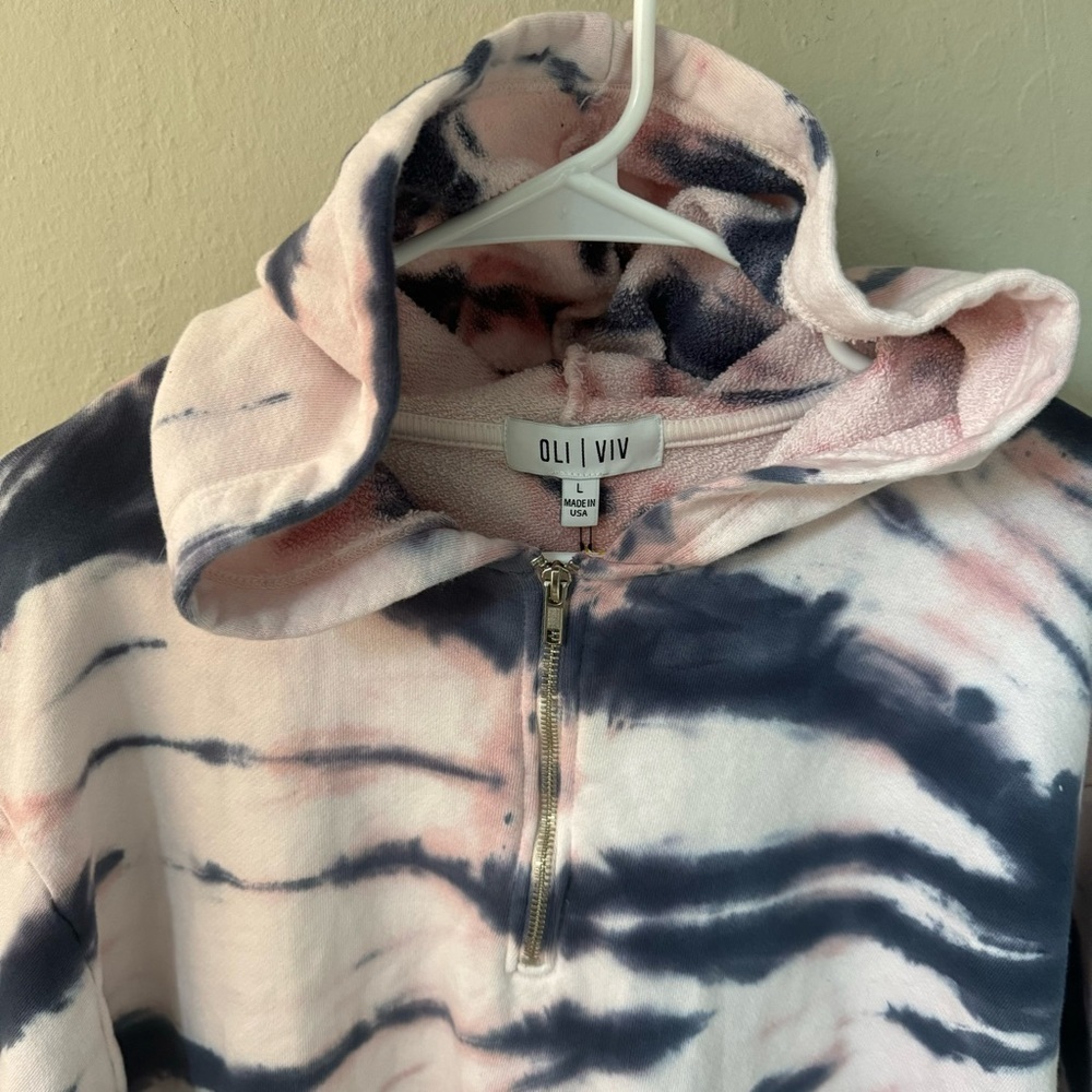 NWT OLI VIV Corey Tie Dye Quarter Zip Crop Hoodie Mauve Navy Cotton Loungewear L - Picture 8 of 16